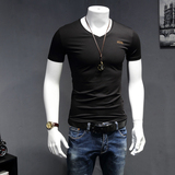 欧洲站夏季潮流男士短袖T恤 V领莫代尔修身上衣男装字母印花t恤潮
