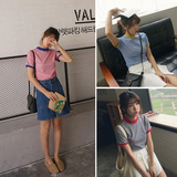 韩国夏季半高领条纹体恤 韩版学生上衣打底衫 夏装女装短袖T恤潮