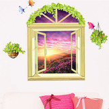 创意浪漫卧室客厅房间餐厅墙壁花藤窗户夕阳花海风景3d立体墙贴画
