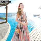 泰国旅游海边度假沙滩裙夏雪纺吊带印花中长款条纹大码显瘦连衣裙