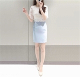 韩版2016夏季新款镂空蕾丝拼接连衣裙修身假两件雪纺包臀显瘦中裙