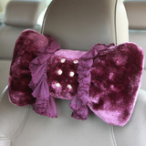 新款粉色秋冬季毛绒车用头枕 汽车卡通可爱颈枕 带蕾丝花边 对装