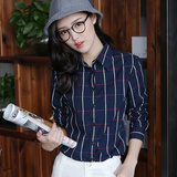 2016秋装新款韩版学生修身纯棉大码衬衣格子长袖衬衫女上衣打底衫