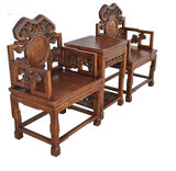 中式仿古家具实木榆木明清雕花麒麟灵芝太师椅三件套圈椅围椅特价