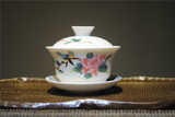 德化玉瓷 手拉彩绘 浅浮雕 富贵牡丹 三才盖碗 珐琅彩粉彩 泡茶器
