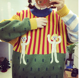 韩版学院风大码原宿风拼色童趣卡通宽松bf短款高领套头毛衣女长袖