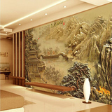 中式山水大型壁画3d墙纸立体浮雕电视背景壁纸无缝墙布风水画浮雕