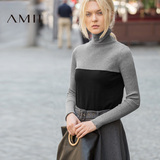 Amii2016秋冬新款修身百搭高领撞色撞纹大码棉保暖套头女打底毛衣