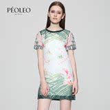 Peoleo/飘蕾2016夏季新款女装气质植物花卉印花短袖连衣裙一步裙