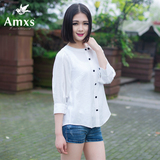 AMXS/艾慕斯2016夏季新款圆领七分袖宽松纯色衬衣显瘦学院衬衫女