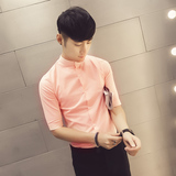 发型师时尚服装男士七分袖夜店韩版修身衬衫潮男短袖寸衫粉色衬衣