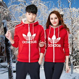 Adidas阿迪达斯运动套装男女秋冬季加绒修身运动服三叶草情侣卫衣