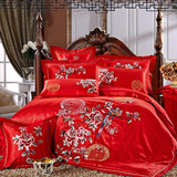 新款婚庆四件套大红刺绣花全棉床单结婚被套1.8m床品十件套4件套