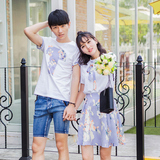 情侣装夏装2016 新款夏季韩版男短袖T恤女雪纺条纹连衣裙学生套装