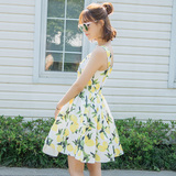 欧罗兰2016夏季小清新款女装柠檬印花短裙方领露肩吊带无袖连衣裙