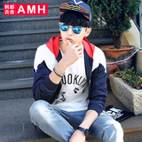 AMH男装韩版2016春装新款修身连帽拼接时尚短款外套夹克男璟