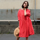 韩国代购Ribbontie正品直邮 森女系七分袖纯色简洁圆领连衣裙