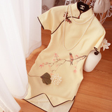 依依家的 手绘竹子小花鸟复古中国风真丝旗袍短款连衣裙改良短袖