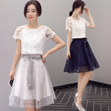2016韩国小清新套装裙夏季蕾丝两件套连衣裙女中长款修身显瘦裙子