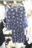 韩国女装代购东大门夏装 印花立领镂空系带喇叭袖收腰雪纺连衣裙