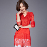 2016春季女装新款韩版修身长袖V领女大码蕾丝网纱中长款打底衫潮