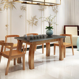 火烧石餐桌现代简约玄武石大理石水曲柳餐桌椅组合长方形实木餐桌