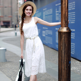 2016夏季新款修身无袖镂空蕾丝白色连衣裙女中长款小清新显瘦裙子