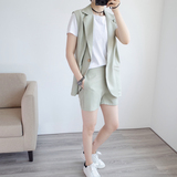 韩国订单休闲棉麻气质纯色纽扣马甲西装领西装裤套装简约风套装女