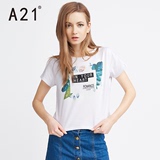 A21女装圆领印花短袖T恤 2016年夏装短款宽松百搭时尚休闲女士潮T