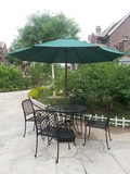 美式户外休闲阳台庭院组合桌椅铁艺咖啡餐厅带伞孔小圆桌子三件套