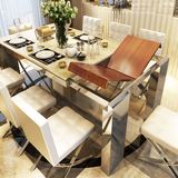 新款大理石餐桌椅组合 简约现代不锈钢饭桌 欧式小户型折叠可伸缩