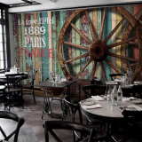 咖啡馆餐厅酒吧KTV墙纸客厅卧室壁纸3d复古怀旧木纹车轮大型壁画