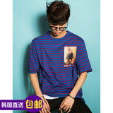 韩国正品潮牌直邮男女通用FINEDAY PROJECT油画条纹紫色宽松棉T恤