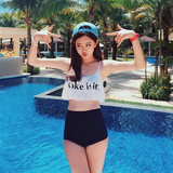 2016韩国代购高腰抹胸分体泳衣女显瘦遮肚比基尼可爱字母图案保守