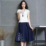 2016夏装新款韩版女装印花棉麻连衣裙休闲文艺短袖时尚套装中长裙