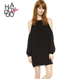 Haoduoyi2016夏新款 欧美风时尚性感露肩 后背镂空褶皱长袖连衣裙
