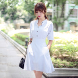 裙子夏季2016新款韩版高腰宽松显瘦中长款短袖蓝白条纹衬衫连衣裙