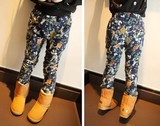 2014冬装新款韩版女童加厚加绒长裤 儿童休闲花朵修身裤子