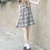 夏季新品韩版复古棉麻格子宽松短袖无袖连衣裙女可爱甜美娃娃裙子