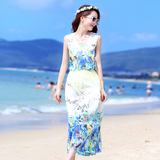 2015夏季高档印花波西米亚度假长裙无袖真丝连衣裙圆领海边沙滩裙