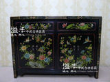 新中式仿古家具实木彩绘储物四门玄关客厅柜复古黑色手绘装饰柜子