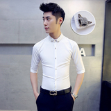 气质男人2016青年衬衫男五分袖时尚韩版牛头扣修身型衬衣潮发型师