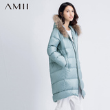 Amii旗舰店艾米冬装新款貉子毛领连帽纯色中长款保暖羽绒服yrf