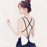 璀然-黑色露背钢托遮肚显瘦女士性感韩国温泉裙式连体泳衣保守