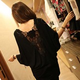 夏季韩版女装大码蝙蝠衫后背性感蕾丝拼接中长款显瘦短袖T恤女潮