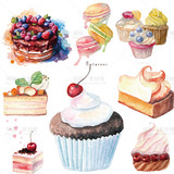 唯美手绘水彩纸杯蛋糕甜品甜点图案 EPS矢量卡片设计素材AI162