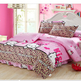 家纺 全棉床裙式四件套 纯棉卡通风儿童床罩1.21.5粉色KT豹纹