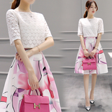 2016夏季新款韩版女装两件套印花连衣裙短袖欧根纱上衣中长套装裙
