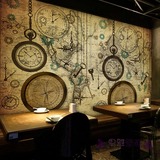 3D环保机械金属钟表大型壁画欧式复古地图壁纸咖啡厅酒庄背景墙纸