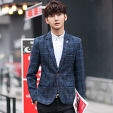 2016夏季男士长袖西服上衣 韩版修身时尚潮流英伦格子小西装外套